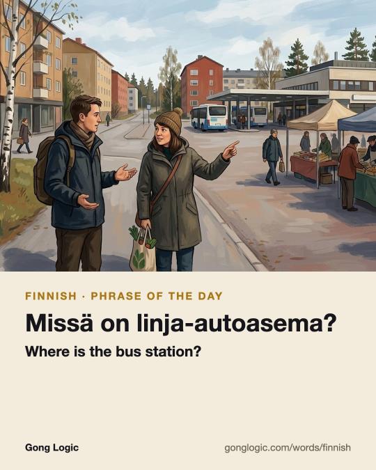 The Finnish word Missä on linja-autoasema?, illustrated