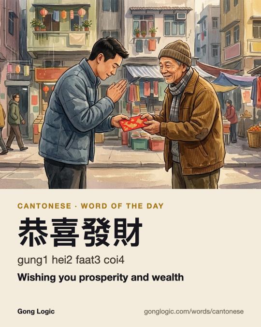 The Cantonese word 恭喜發財, illustrated