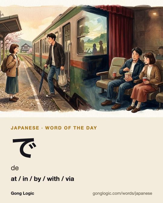 The Japanese word で, illustrated