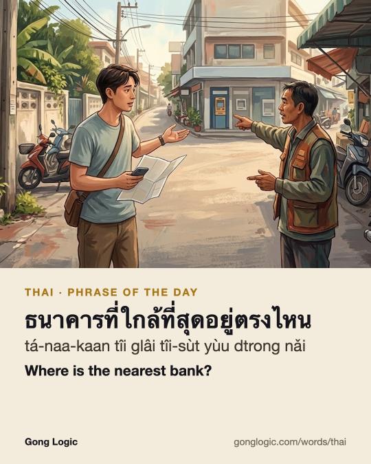 The Thai word ธนาคารที่ใกล้ที่สุดอยู่ตรงไหน, illustrated