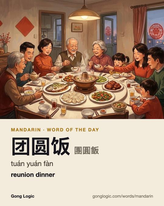 The Mandarin word 团圆饭, illustrated